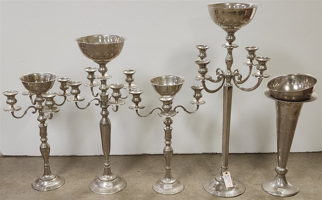 Lot 4 Metal Candelabra 43 1/2" H, 36" Pr. 27 1/2" H + Vase 24" (1 of 4)