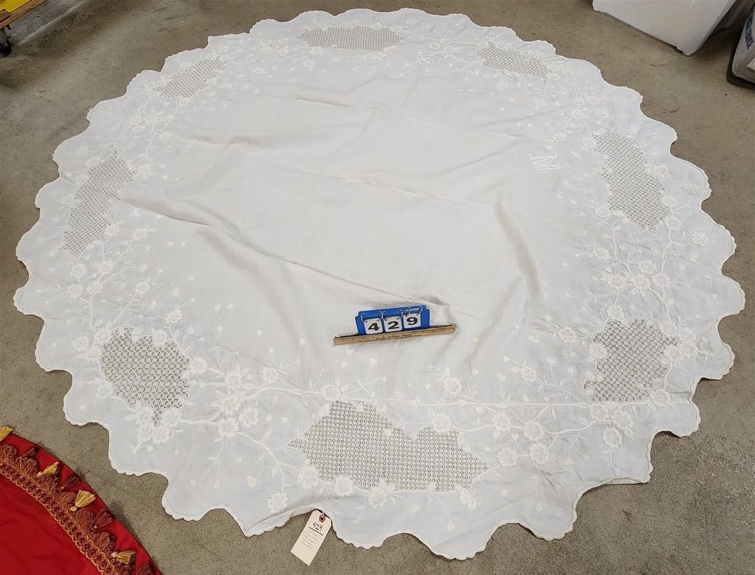 Vintage Round Linen + Lace Tablecloth 6'6" Diam. +  7' Diam. Red Satin Tablecloth (1 of 2)