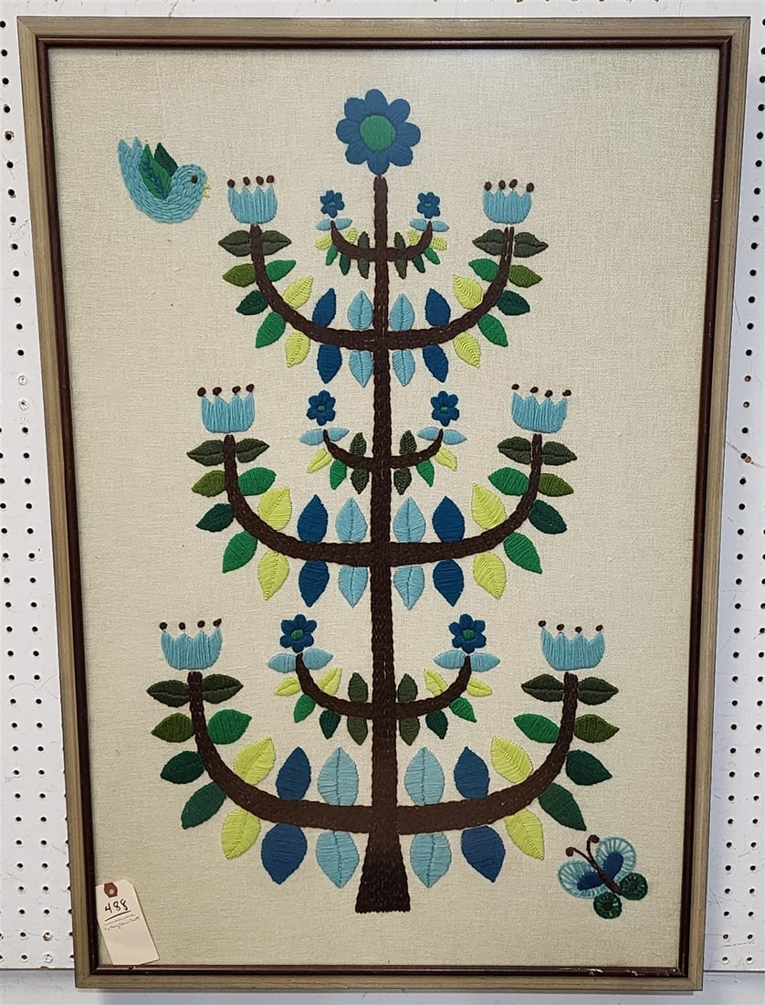 Framed Needlework By Mary Ellen Scott 36" H X 24" W w/Frame 37 1/2" X 25 1/2": Framed Needlework By Mary Ellen Scott 36" H X 24" W w/Frame 37 1/2" X 25 1/2"