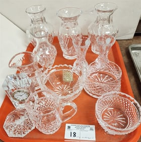 Tray 13 Pc. Waterford - Vases, Creamer/Sugars, Clock, Paper Weight