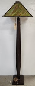 Oak Floor Lamp w/Vintage Green Slag Glass Shade 60 1/2" H