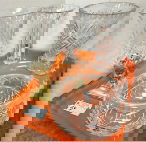 Tray 4 Pc. Waterford Vases 10" + 9 1/2", Brass Base w/Candlestick w/Hurricane Shade 11" + Bowl 5