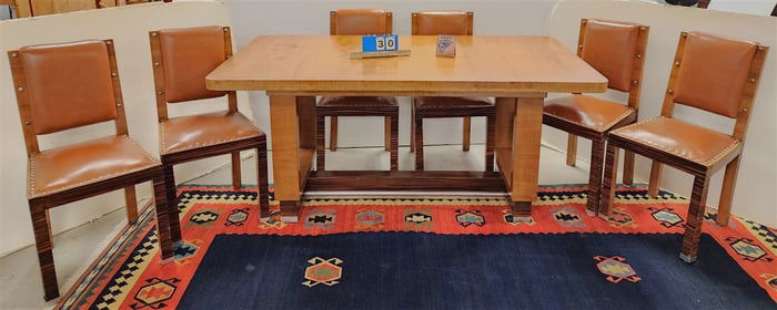 Deco Walnut, Rosewood + Steel Dining Table 31" H X 67" L X 35 1/2" W  w/6 Chairs 35 1/2" H X 18" W X