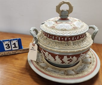 Mettlach Covered Tureen 12 1/2" H X 14 " Diam. - Finial Repaired -bottom rim Missing + Charger 2" H