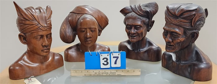 Lot 4 Indonesian Hand Carved Busts Young + Couple 12 3/4" H X 10" W + 12" H X 10" W + Old Couple 12"