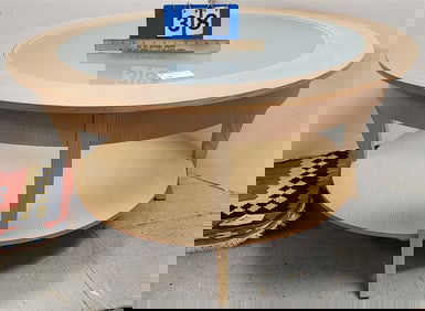 Blond Oak Glass Top Table 20 1/4" H X 40" Diam.