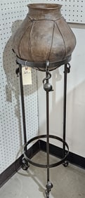 Wrought Stand 37" H X 15" Diam. w/Mexican Clay Pot w/Leather Straps 15" H X 13" Diam.