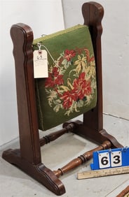 Vict. Walnut Mechanical Footstool w/ Needlepoint Cushion 24" H X 15" W