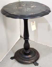 Vict Ptd. + MOP Decorated Paper Mache Tilt Top Table 27" H X 21 1/2" W X 26" D