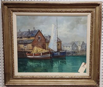 Framed O/C Dock Scene Sgnd Fussio 20" X 24" w/Frame 28 1/4" X 32 1/4"