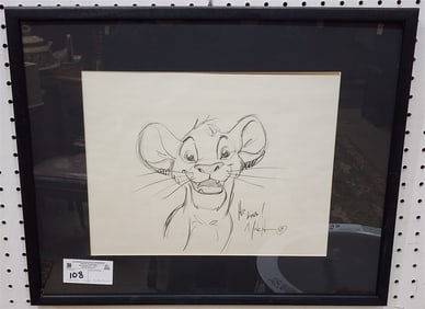 Framed Orig. Pencil Drawing Of Simba Sgnd Mark Henn 10 1/2" X 13 1/2" w/Frame 17" X 21"