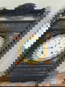 Seth Thomas Ebonized Mantel Clock w/Inlay 14 1/2" H X 8 1/2" W X 5 1/4" D Working