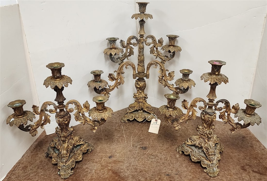 19th C 3 Pc. Cast Bronze Candleabra - Center 24 1/2" H X 19" W, Pr. Side 16 1/2" H X 15 1/2" W (1 of 5)