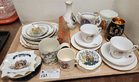 Tray 23 Pc. Royal Commorative The Queen Mother + Queen Eliz. II  Cups/Saucers, Plates, Vase, Ash