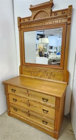 Vict. Eastlake Oak 3 Drawer Dresser 80" H X 42" W X 18 1/2" D