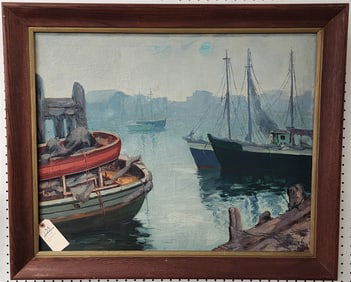 Framed O/C Harbor Scene Sgnd C. Riccardi 1954 24" X 30" w/Frame 28 1/2" X 34 1/2"  Inscription On