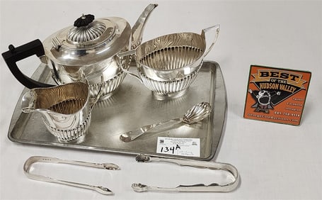 Tray 3 Pc. English Sterling Tea Set + 2 Sugar Tongs + Sugar Spoon 37.72 ozT