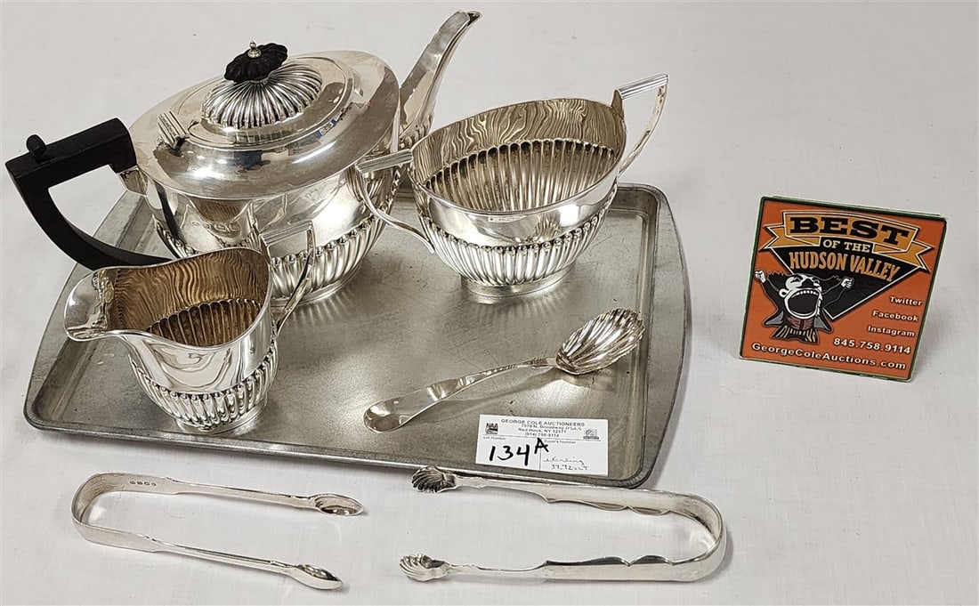 Tray 3 Pc. English Sterling Tea Set + 2 Sugar Tongs + Sugar Spoon 37.72 ozT (1 of 2)