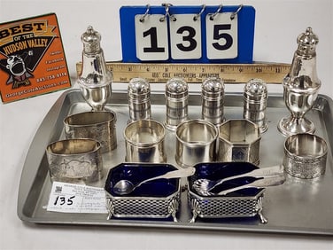Tray Sterling Salts + Salt/Peps w/Cobalt Glass Liners + Spoons, 7.11 ozT + 2 Weighted Sterl.