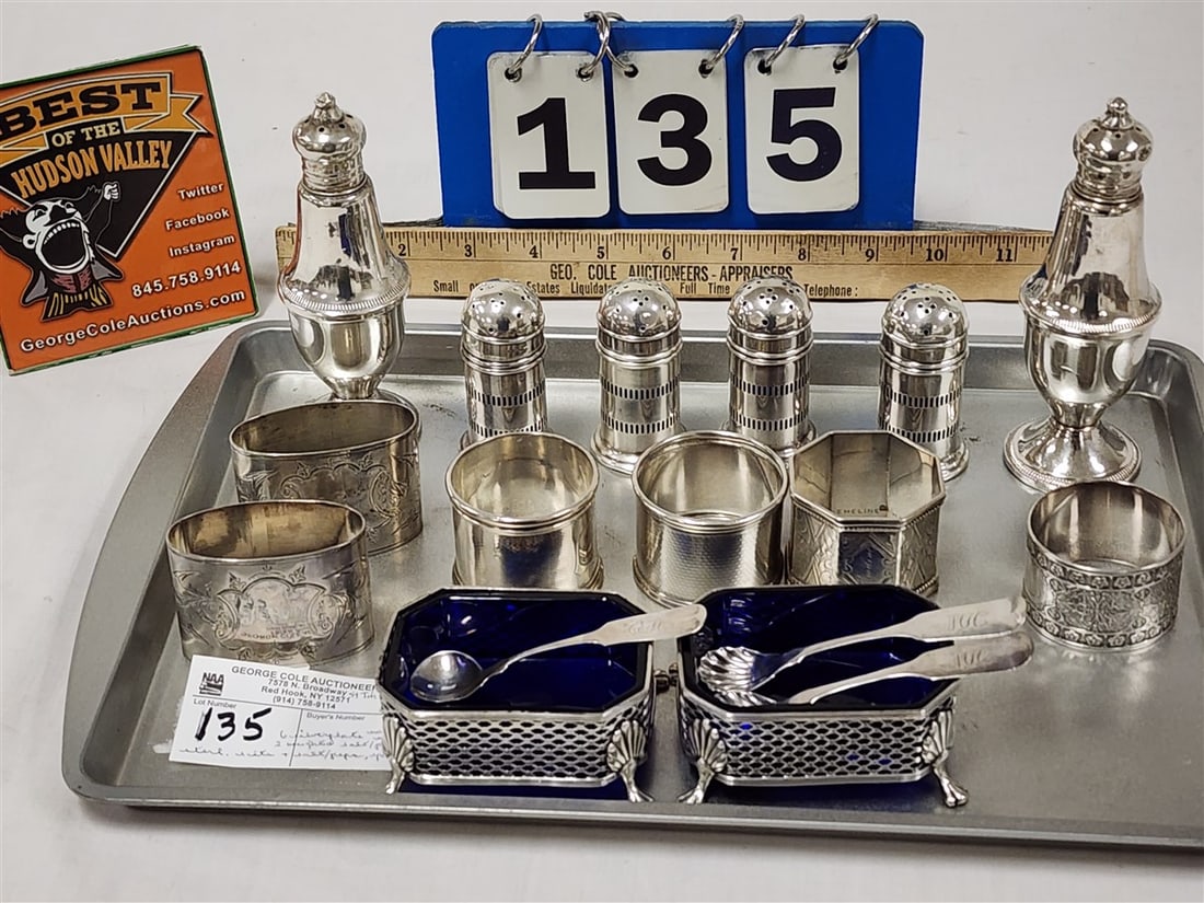 Tray Sterling Salts + Salt/Peps w/Cobalt Glass Liners + Spoons, 7.11 ozT + 2 Weighted Sterl. (1 of 3)
