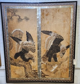 19th C Chinese 2 Fold Hand Ptd. Screen 55" X 49"