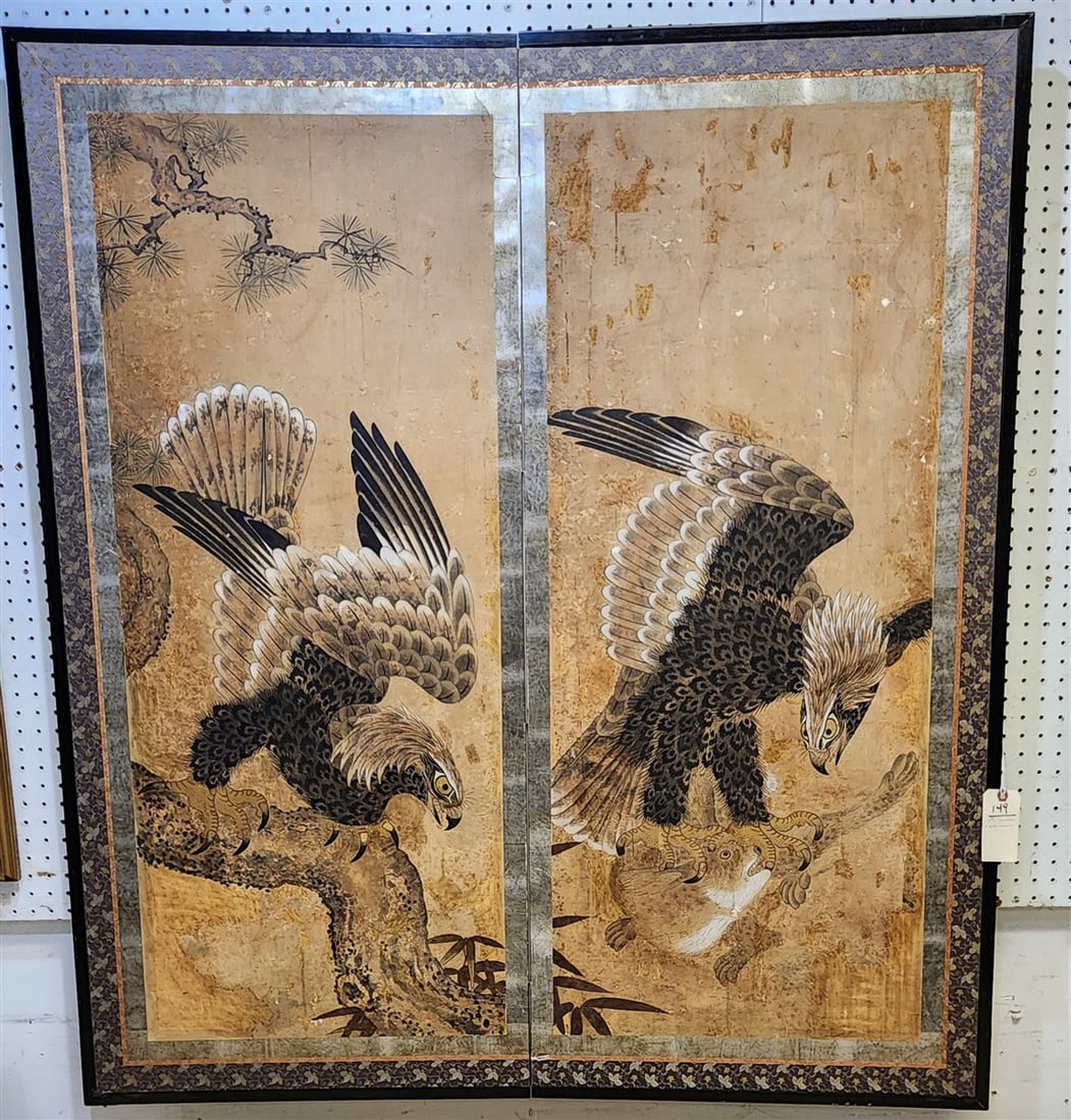 19th C Chinese 2 Fold Hand Ptd. Screen 55" X 49" (1 of 1)