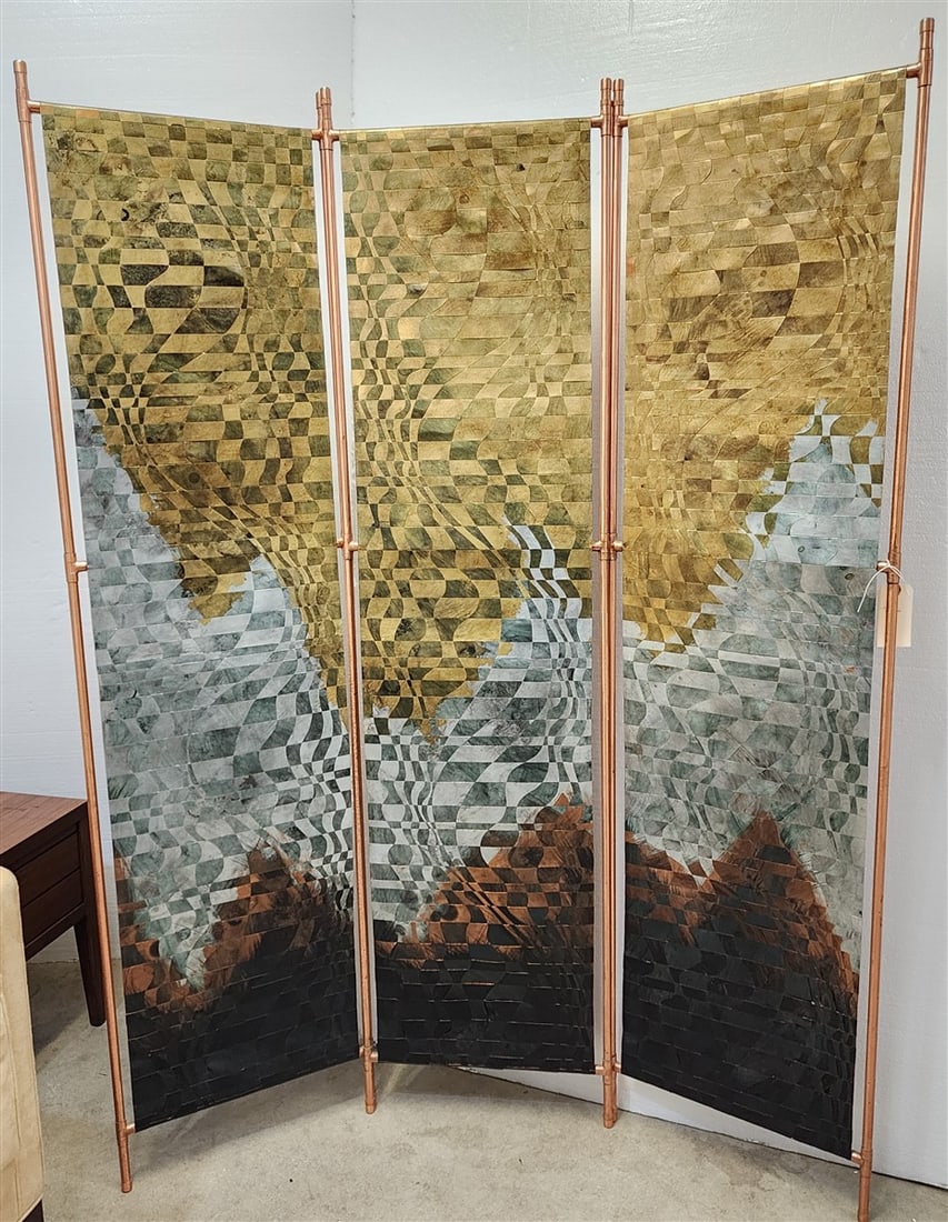 Copper 3 Fold Screen w/ Woven Air Brushed Panels By Suzanne Donazetti 6' H X 18 1/2" W Each Section (1 of 4)