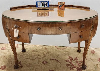 French Deco Walnut 5 Drawer Oval Desk 31 1/2" H X 4' W X 27" D