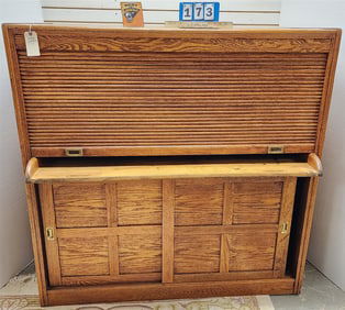 Vintage Unusual Cube Roll Top Oak Desk w/Sliding Door Base - Paneled All Around 56" H X 56" W X 32