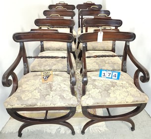 Set 8 Empire Style Mahog. Dining Chairs Pr. Arm 36 1/2" H X 22 1/2" W X 18" D, 6 Side 36" H X 20" W