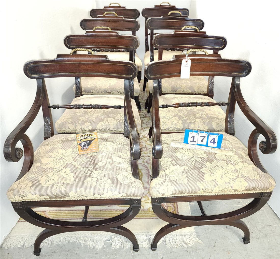 Set 8 Empire Style Mahog. Dining Chairs Pr. Arm 36 1/2" H X 22 1/2" W X 18" D, 6 Side 36" H X 20" W (1 of 4)