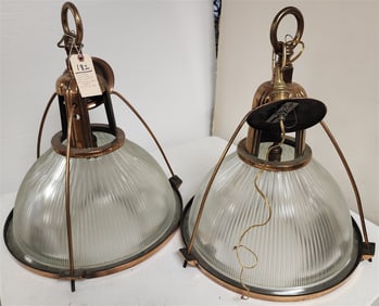 Pr. Vintage Mid Century Copper Plated Holophane Pendant Lights 24" H X 20" Diam.
