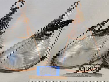 Pr. Vintage Mid Century Copper Plated Holophane Pendant Lights 24" H X 20" Diam.