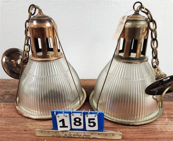 Pr. Vintage Mid Century Copper Plated Holophane Pendant Lights 18" H X 14" Diam.