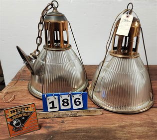 Pr. Vintage Mid Century Copper Plated Holophane Pendant Lights 18" H X 14" Diam.