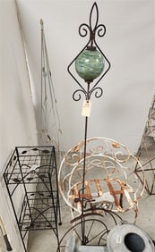Lot Wire Garden Ornaments 52" Topiary Stand, Blown Glass Ornament 54 1/2", Chair 25" H X 21 1/2" W,