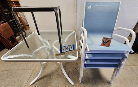 Patio Table 28" H X 3' Sq. w/4 Armchairs + Side Stand