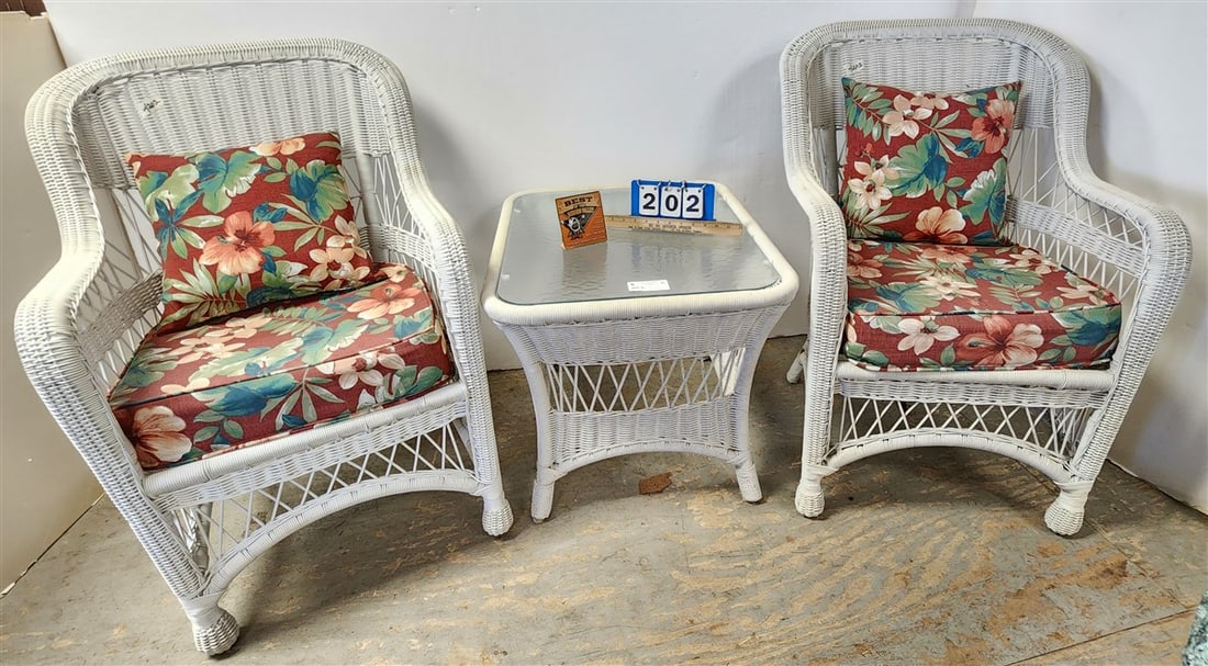 Pr. Wicker Armchairs 37" H X 24" W X 19" D w/Glass Top Side Stand 21 1/2" H X 23" W X 27" D (1 of 2)