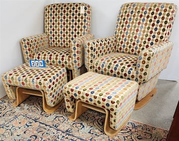 Pr. Modern Uphols. Platform Rocking Chairs 39" H X 32" W X 19 1/2" D w/Pr. Foot Stools 16 1/2" H X