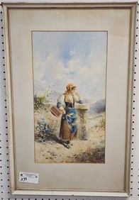 Framed 19th C W/C Of A Maiden 18 1/2" X 10" w/Frame 27" X 17"
