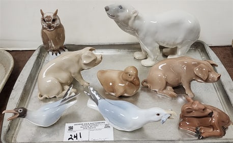 Tray 8 Royal Copenhagen Animal Figurines 1692, 1582, 1582A, 1800, 1548A, 64, 1808, 1809