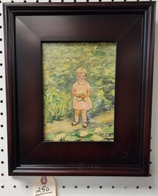 Framed O/B Child In A Garden by Louise M. Kamp 8" X 6" w/Frame 13 1/2" X 11 1/2"