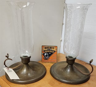 Pr. Brass Candlesticks w/Etched Glass Hurricane Shades