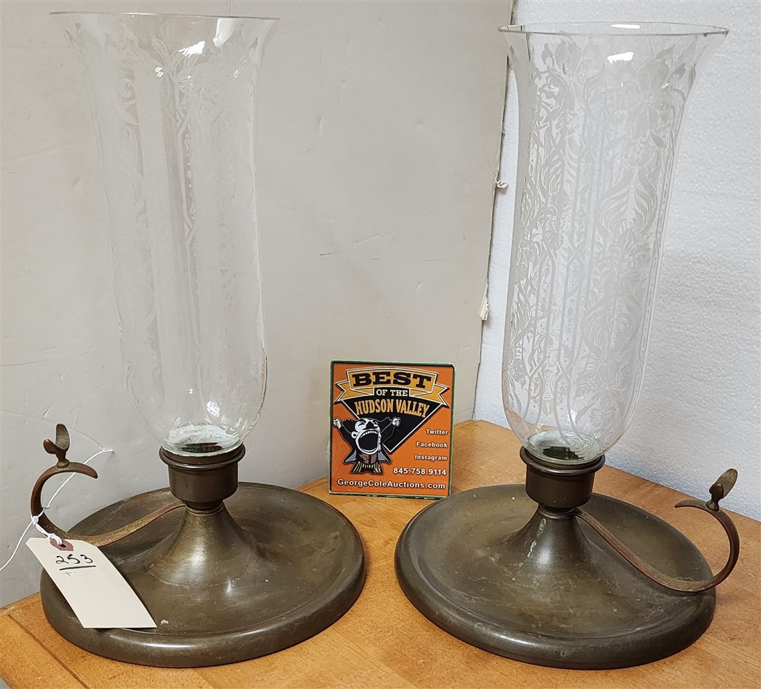Pr. Brass Candlesticks w/Etched Glass Hurricane Shades (1 of 3)