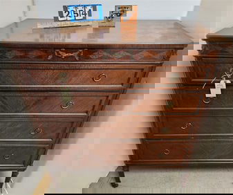 30's Berkey + Gay Inlaid Walnut 5 Drawer Chest w/Secret Spring Loaded Top Drawer 46" H X 39 1/2" W X