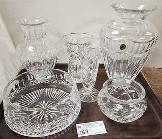 Tray Waterford Vases 10", 8", 7", 6" + 2 Bowls 3 3/4" + 3 1/4"