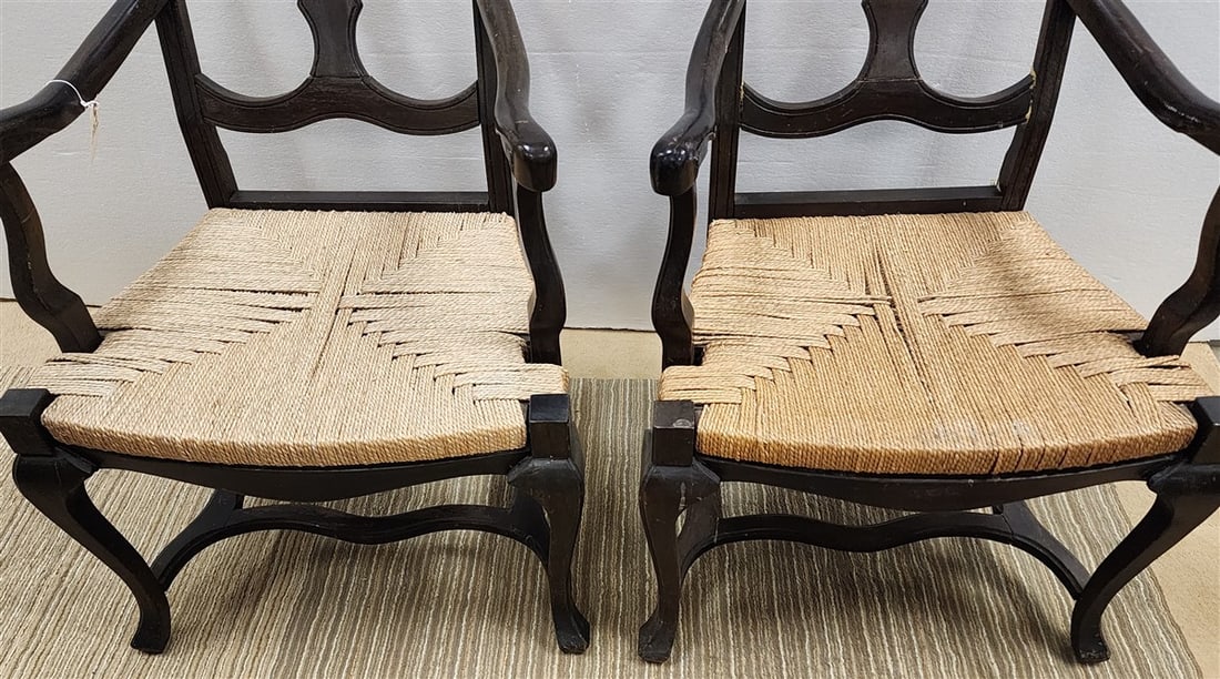 Pr. QA Style Rush Seat Armchairs 42 1/2" H X 2'W X 18" D: Pr. QA Style Rush Seat Armchairs 42 1/2" H X 2'W X 18" D