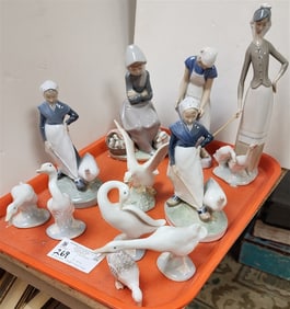 Tray 8 Lladro Figurines- 1035, 1267, 1011, 5 Ducks + Royal Copenhagen 528, B+G 2182 + 1902