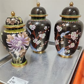 Tray 3 Cloisonne Covered Ginger Jars Pr. 10 1/2" + 9"