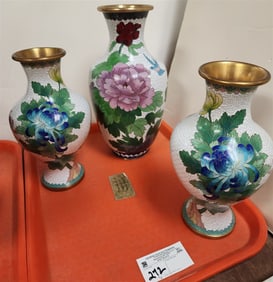 Tray 3 Cloisonne Vases 12 1/2" + Pr. 10 1/2"